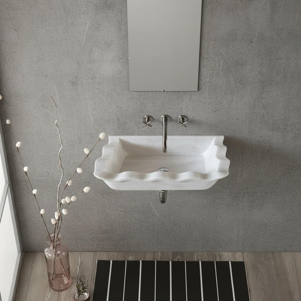 Luxury Marble Bathroom Sink – Carrara White Wall-Mount Rectangular Vanity with Wavy Edges
