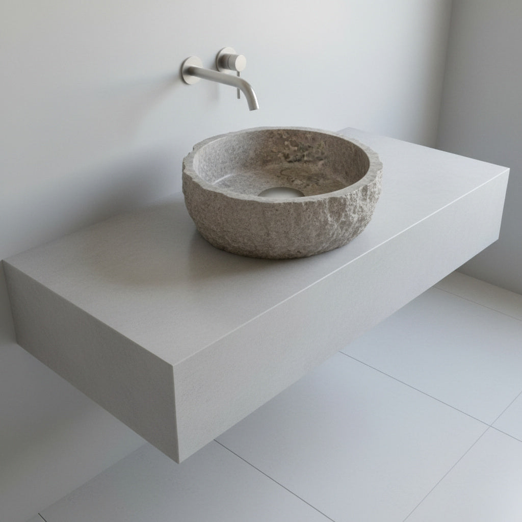 Rustic Stone Bathroom Sink – Silver Travertine Vessel Sink | Natural Hand-Carved Vanity Bowl
