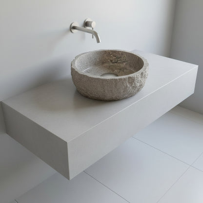 Rustic Stone Bathroom Sink – Silver Travertine Vessel Sink | Natural Hand-Carved Vanity Bowl