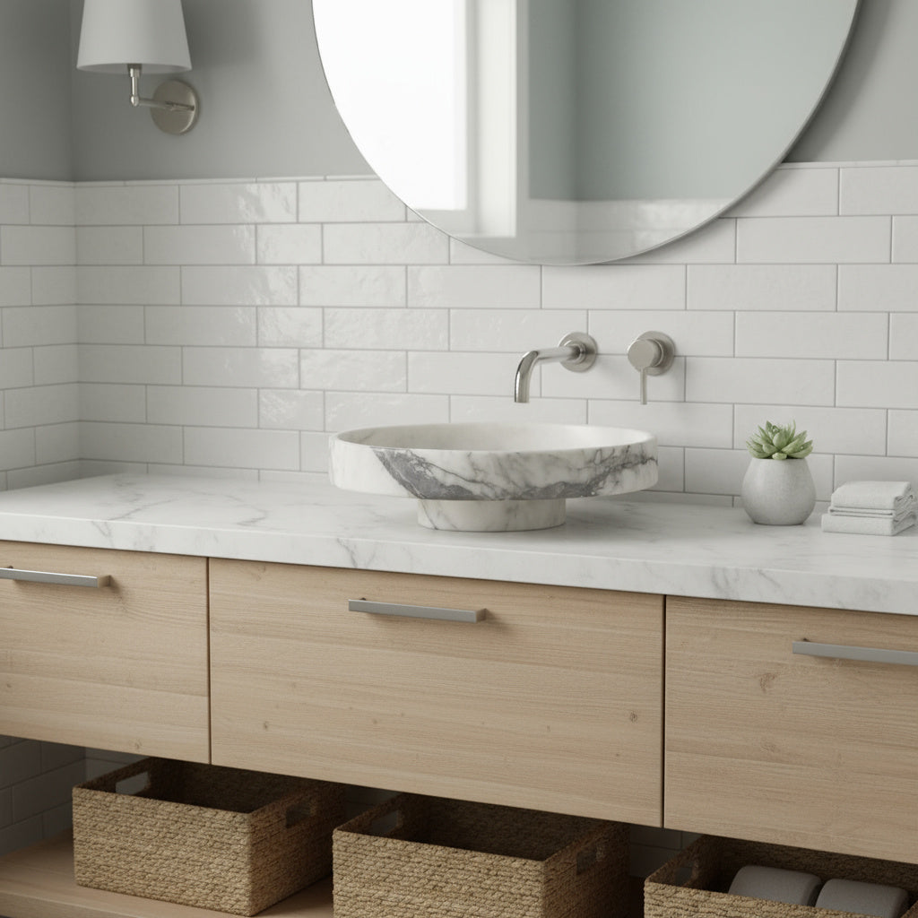 Marble Bathroom Sink – New York Marble Round Vessel Sink Polished | Natural Stone Above Counter Basin