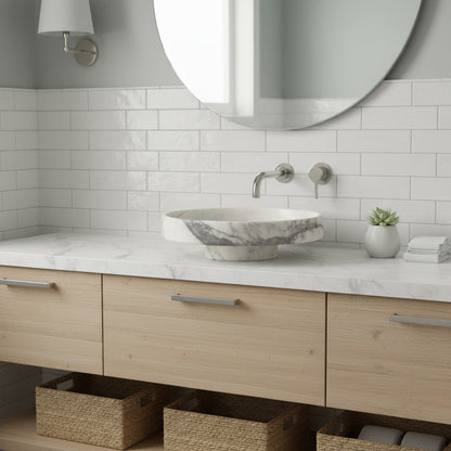 Marble Bathroom Sink – New York Marble Round Vessel Sink Polished | Natural Stone Above Counter Basin