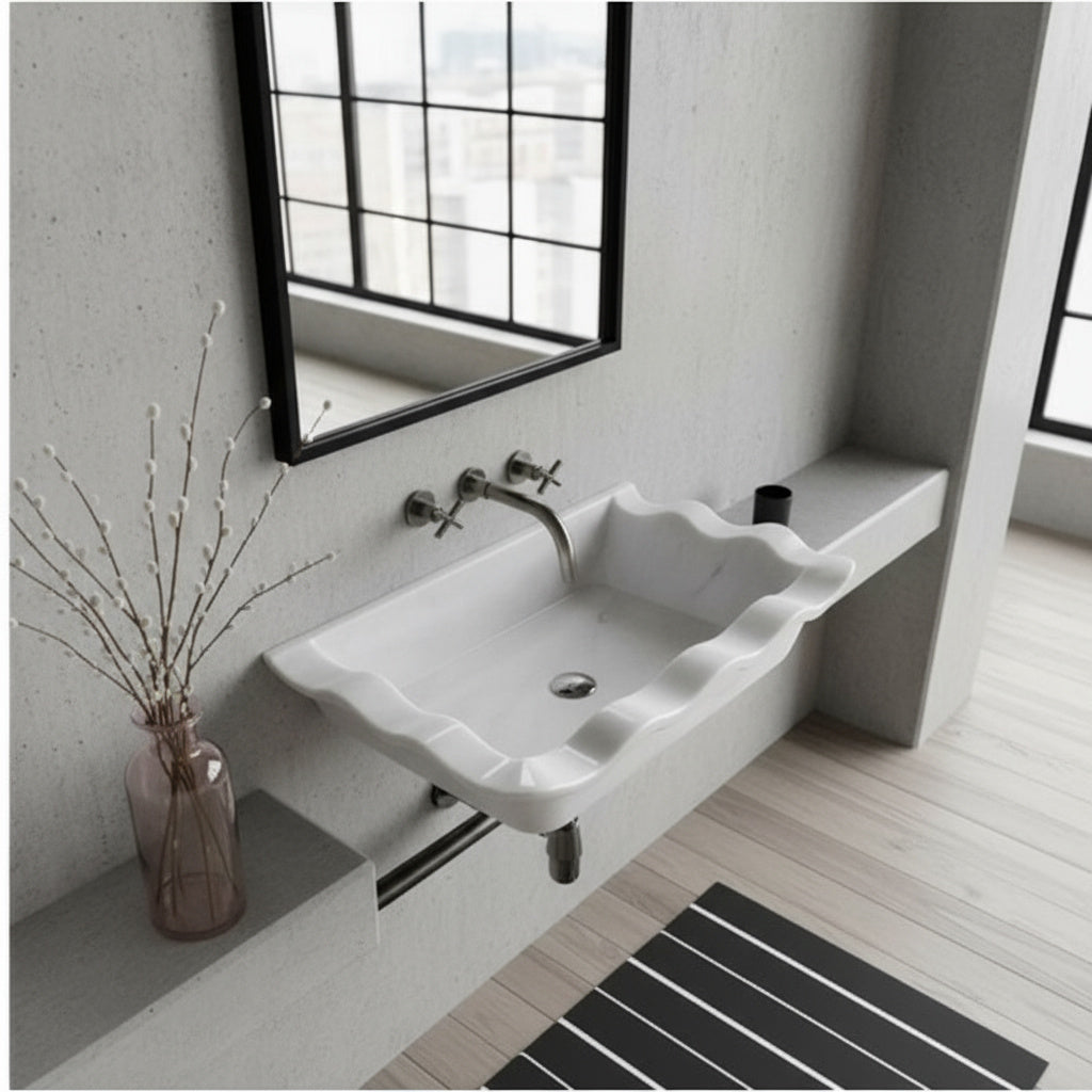 Luxury Marble Bathroom Sink – Carrara White Wall-Mount Rectangular Vanity with Wavy Edges