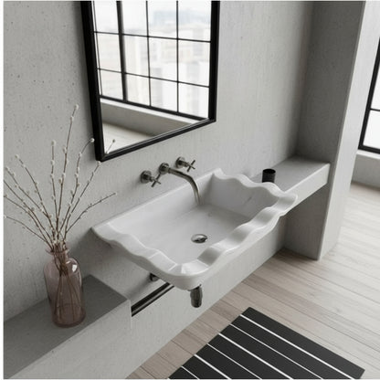 Luxury Marble Bathroom Sink – Carrara White Wall-Mount Rectangular Vanity with Wavy Edges