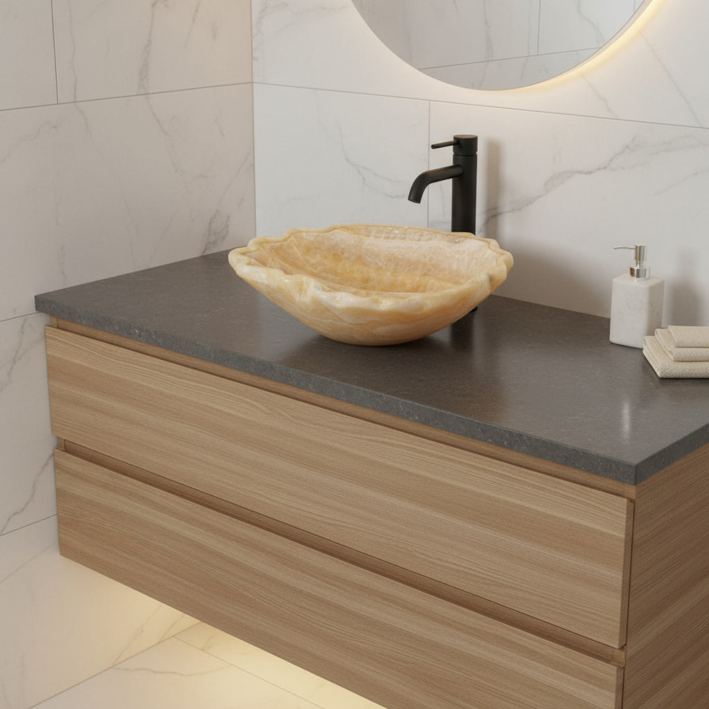Luxury Marble Vessel Sink – Hand-Carved Natural Stone Bathroom Basin, Amber Onyx Vanity Bowl
