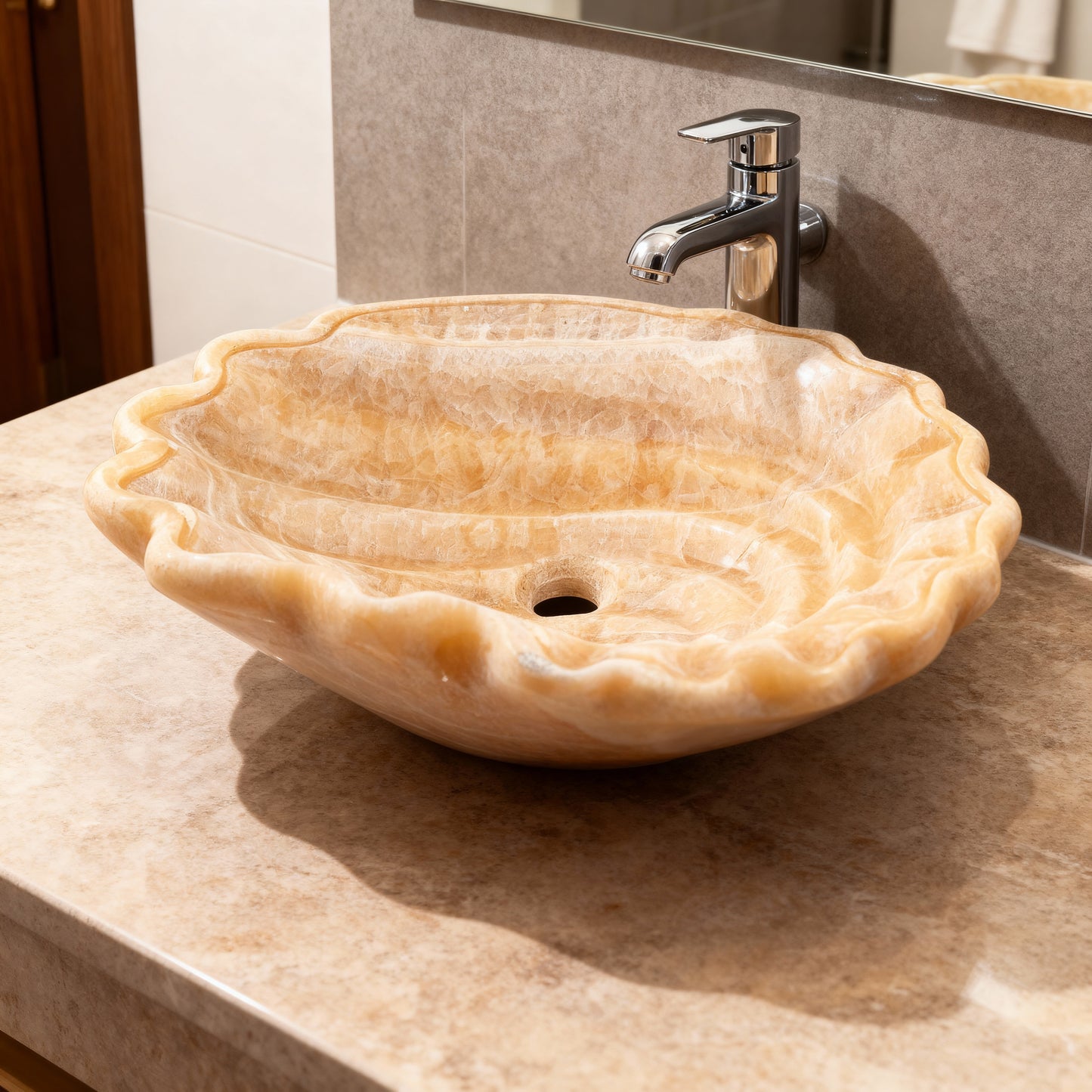 Luxury Marble Vessel Sink – Hand-Carved Natural Stone Bathroom Basin, Amber Onyx Vanity Bowl