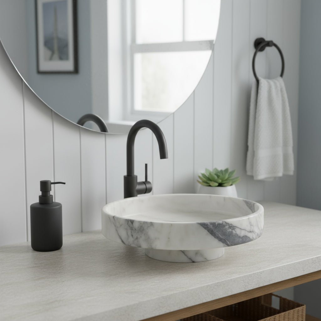 Marble Bathroom Sink – New York Marble Round Vessel Sink Polished | Natural Stone Above Counter Basin