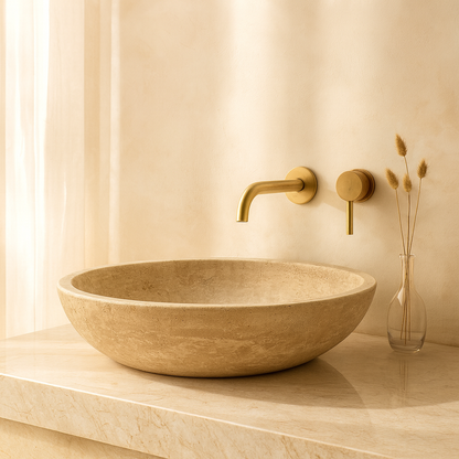 Marble Sink – Travertine Stone Vessel Sink for Bathroom | Mocha Natural Oval Basin 14.5"x19.5"x5.5"