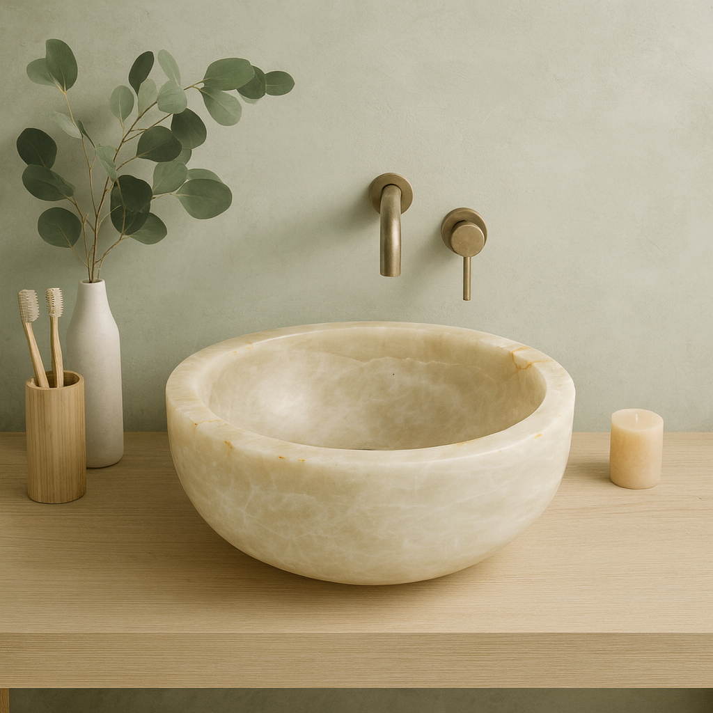 Marble Sink Green Onyx Stone Vessel – Handcrafted Round Bathroom Basin (40×40×15 cm)