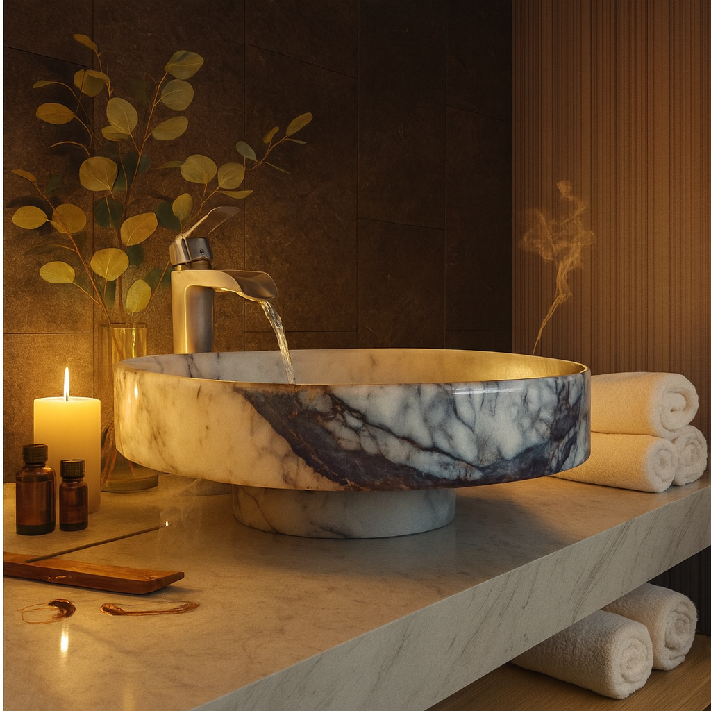 Marble Bathroom Sink – New York Marble Round Vessel Sink Polished | Natural Stone Above Counter Basin