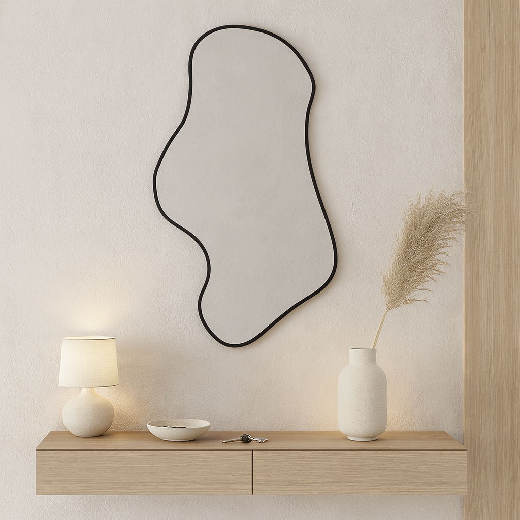 Wavy Irregular Wall Mirror – Modern Asymmetrical Bathroom Mirror with Black Frame