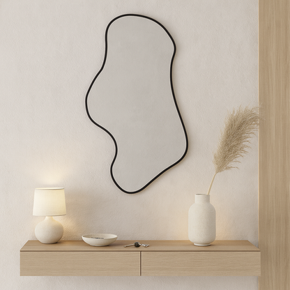 Wavy Irregular Wall Mirror – Modern Asymmetrical Bathroom Mirror with Black Frame