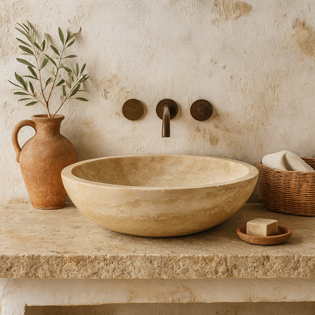 Marble Sink – Light Travertine Stone Vessel Sink for Bathroom | Round Natural Basin 16"x16"x4"