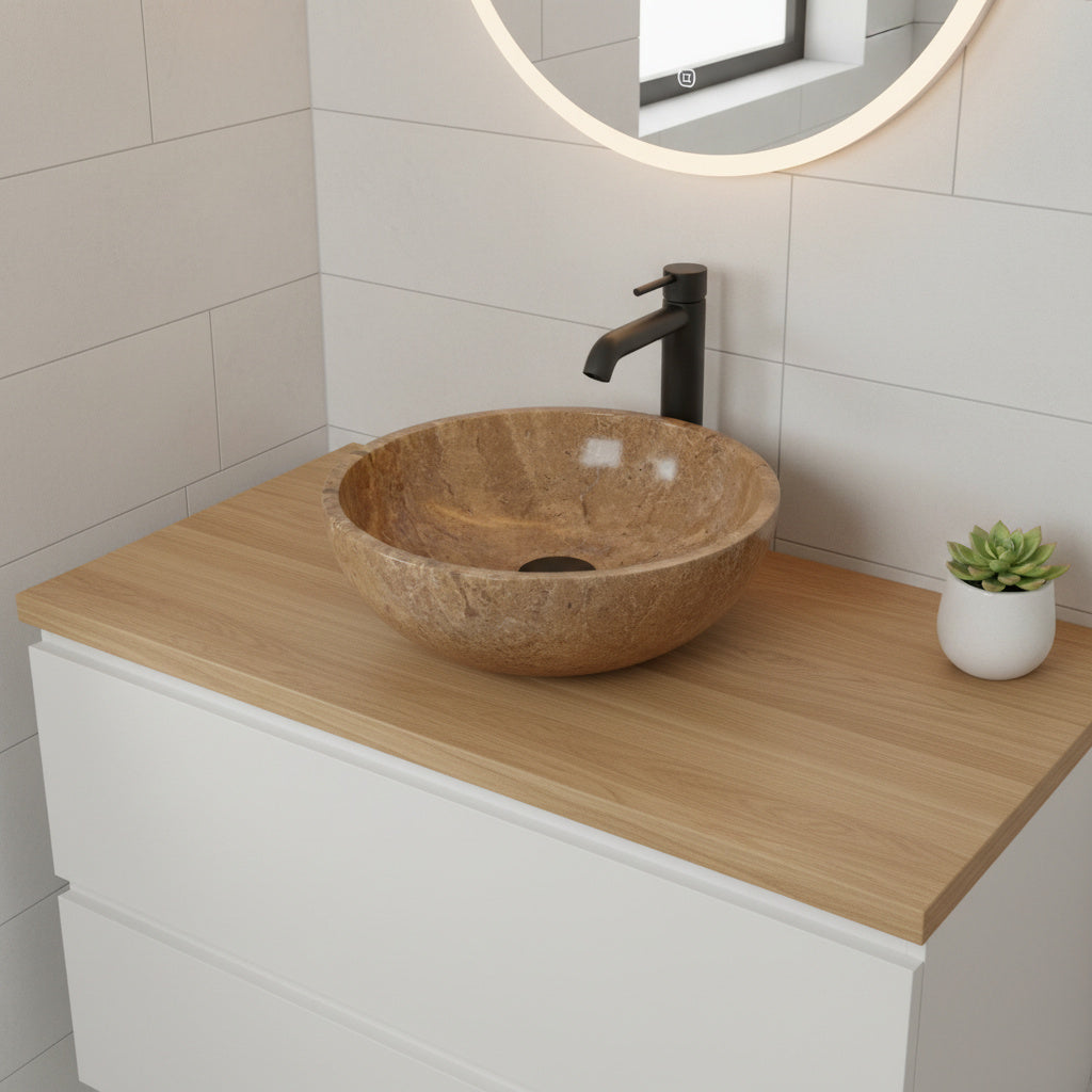 Noce Travertine Bathroom Sink – Natural Stone Round Vessel Sink, Polished Above-Counter Basin