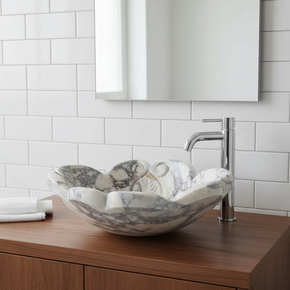 Luxury Marble Vessel Sink – Hand-Carved Natural Stone Bathroom Basin, Designer Vanity Bowl 16.5"x16.5"x5.5" (42x42x14 cm)