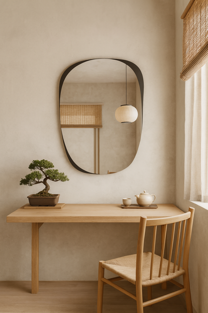 Organic Irregular Wall Mirror – Modern Abstract Design with Wooden Edge