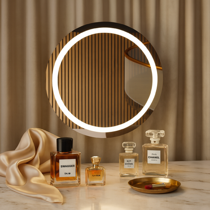 LED Bathroom Mirror – Round Lighted Vanity Mirror with Marble Frame, Modern Backlit Wall Mirror