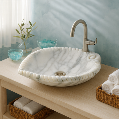 Marble Sink – Luxury Stone Sink Bathroom Basin (45x55x14 cm), Handcrafted White Natural Marble Vanity Bowl