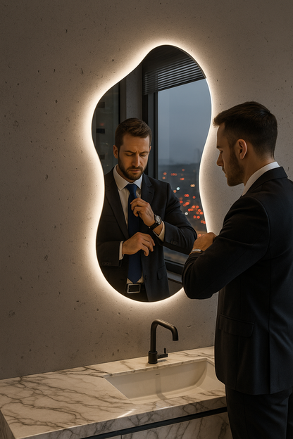 LED Bathroom Mirror Asymmetrical Shape – Modern Backlit Vanity Wall Mirror