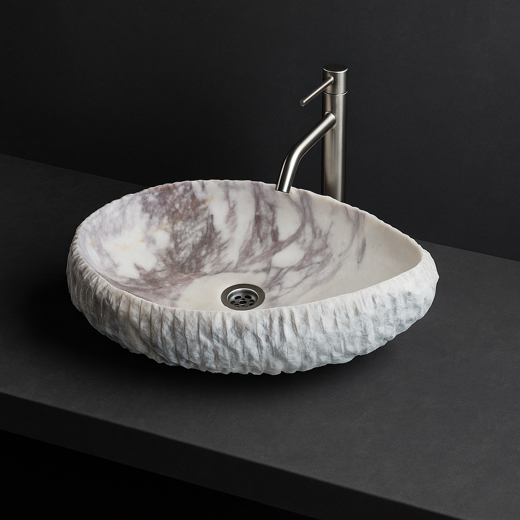 Luxury Marble Vessel Sink – Handcrafted Natural Stone Bathroom Basin with Textured Edge, Modern Vanity Bowl 21.6"x15.7"x5.5" (55x40x14 cm)