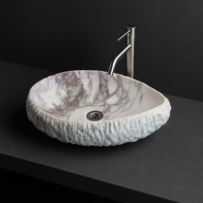 Luxury Marble Vessel Sink – Handcrafted Natural Stone Bathroom Basin with Textured Edge, Modern Vanity Bowl 21.6"x15.7"x5.5" (55x40x14 cm)