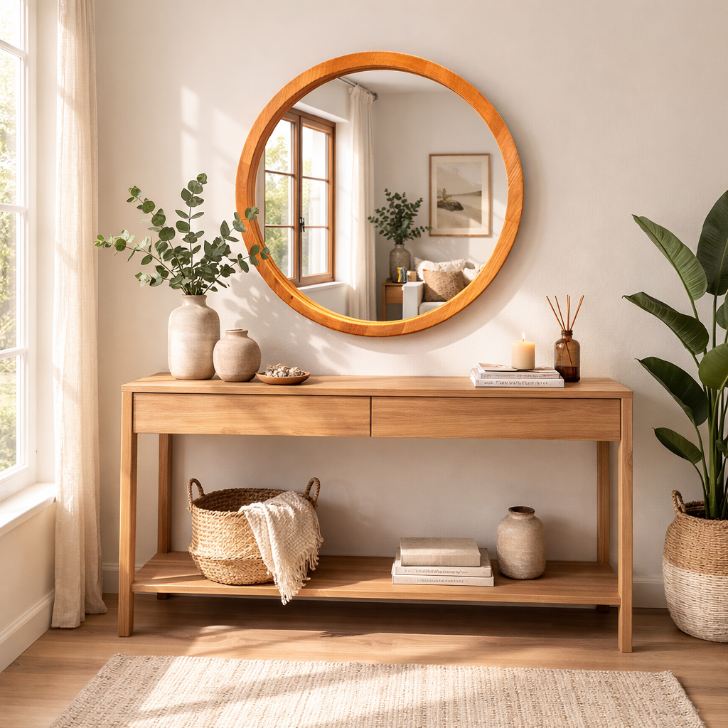 Handmade Solid Wood Framed Round Mirror – Modern Scandinavian Wall Mirror