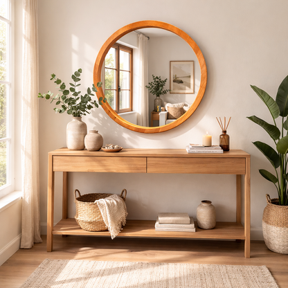 Handmade Solid Wood Framed Round Mirror – Modern Scandinavian Wall Mirror
