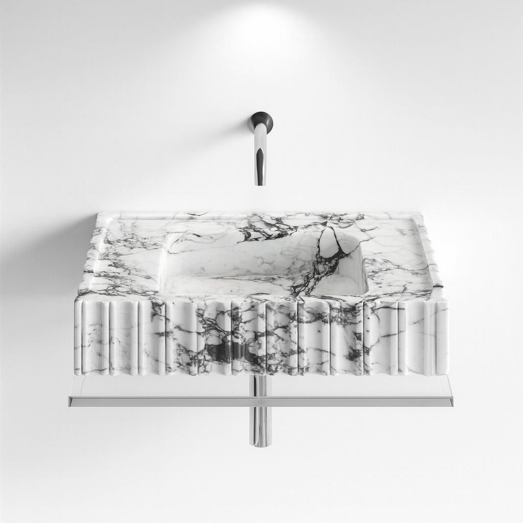 Marble Sink – Calacatta Viola Wall-Mount Bathroom Vanity Sink | Fluted U-Shape Stone Basin