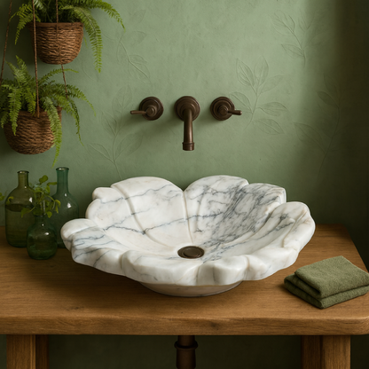 Luxury Marble Vessel Sink – Hand-Carved Flower Design Natural Stone Bathroom Basin