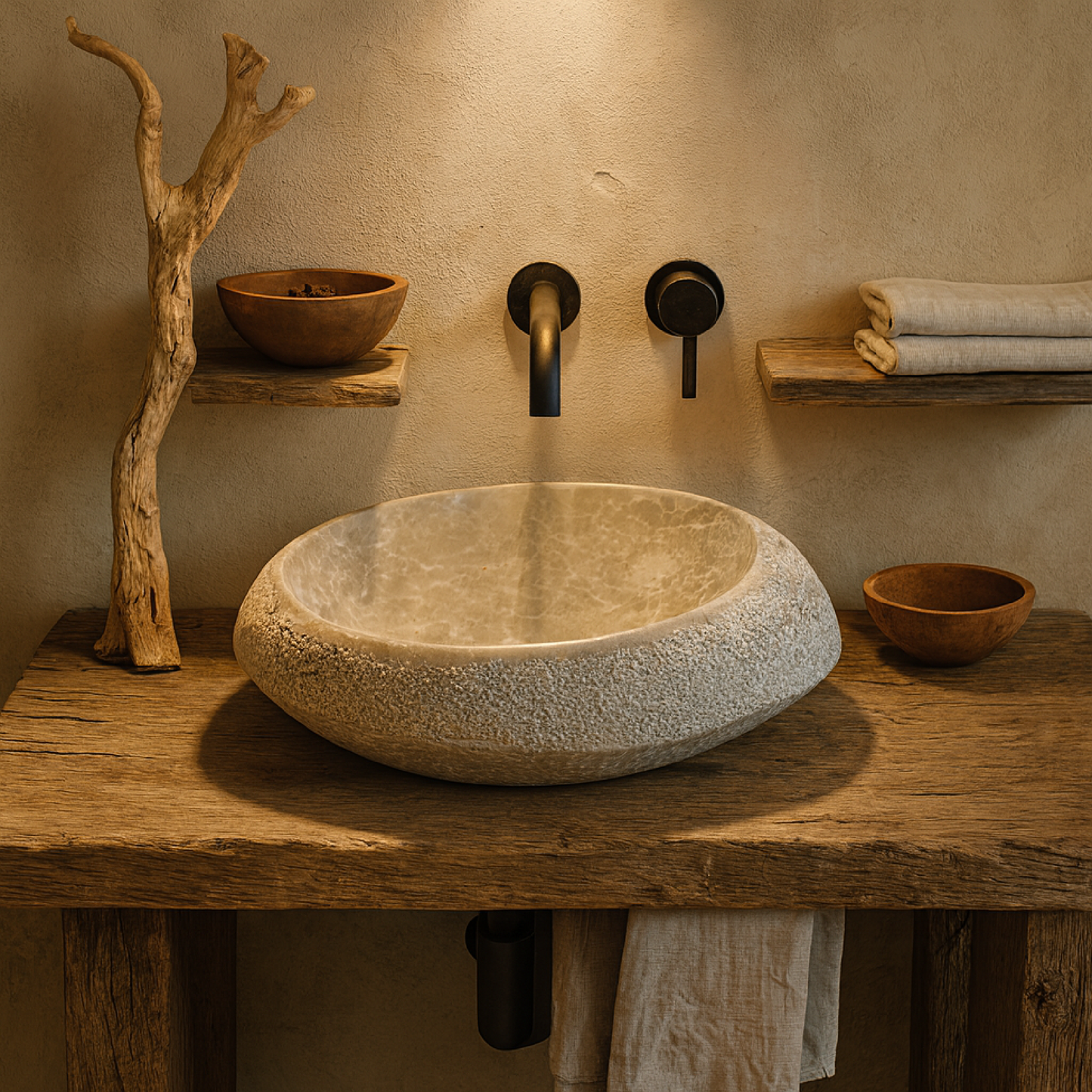 Natural Marble Vessel Sink – Hand-Carved Stone Bathroom Basin with Raw Edge, Modern Vanity Bowl
