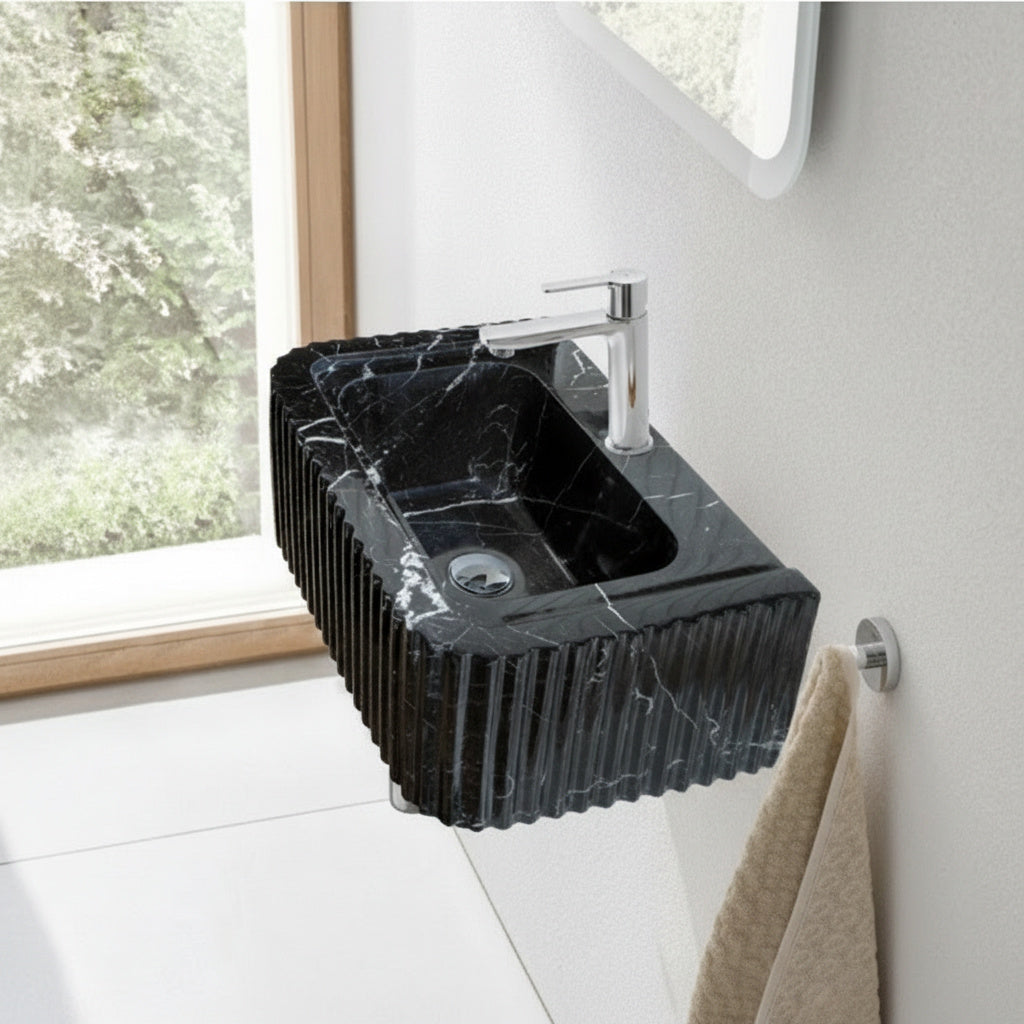 Black Marble Bathroom Sink – Toros Black Rectangular Wall-Mount Vanity Basin, Polished Natural Stone