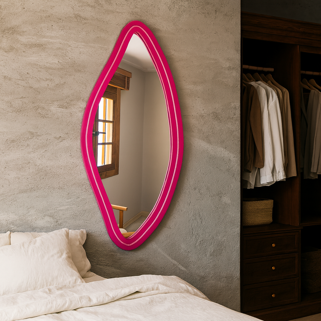 Neon LED Wavy Wall Mirror – Modern Irregular Shape MDF Frame Mirror | Decorative Accent for Bedroom & Living Room
