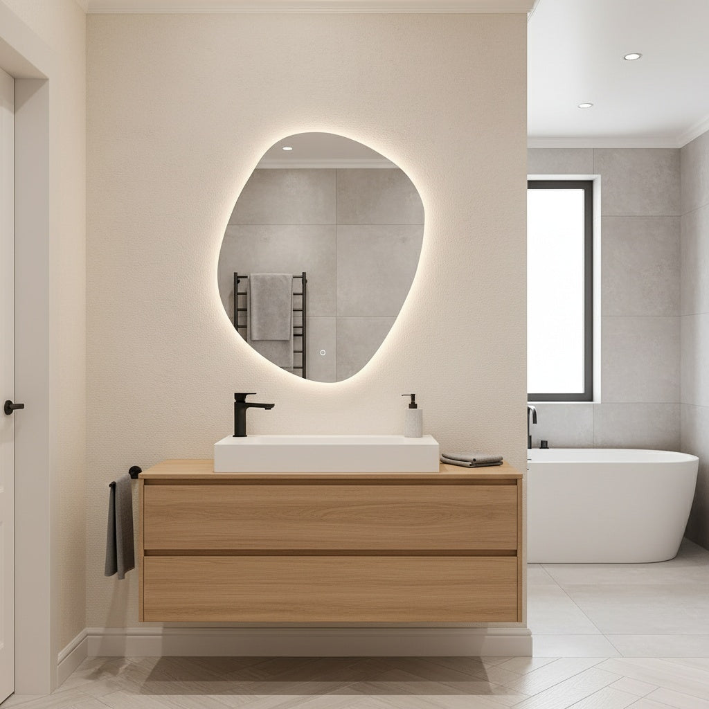 LED Bathroom Mirror – Organic Shaped Backlit Vanity Mirror with Touch Sensor, Modern Lighted Wall Mirror