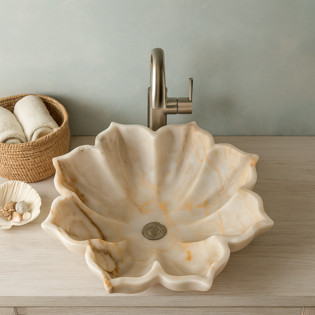 Marble Sink Stone Vessel Sink – Carrara Marble Leaf Bathroom Basin, Hand-Carved Natural Marble