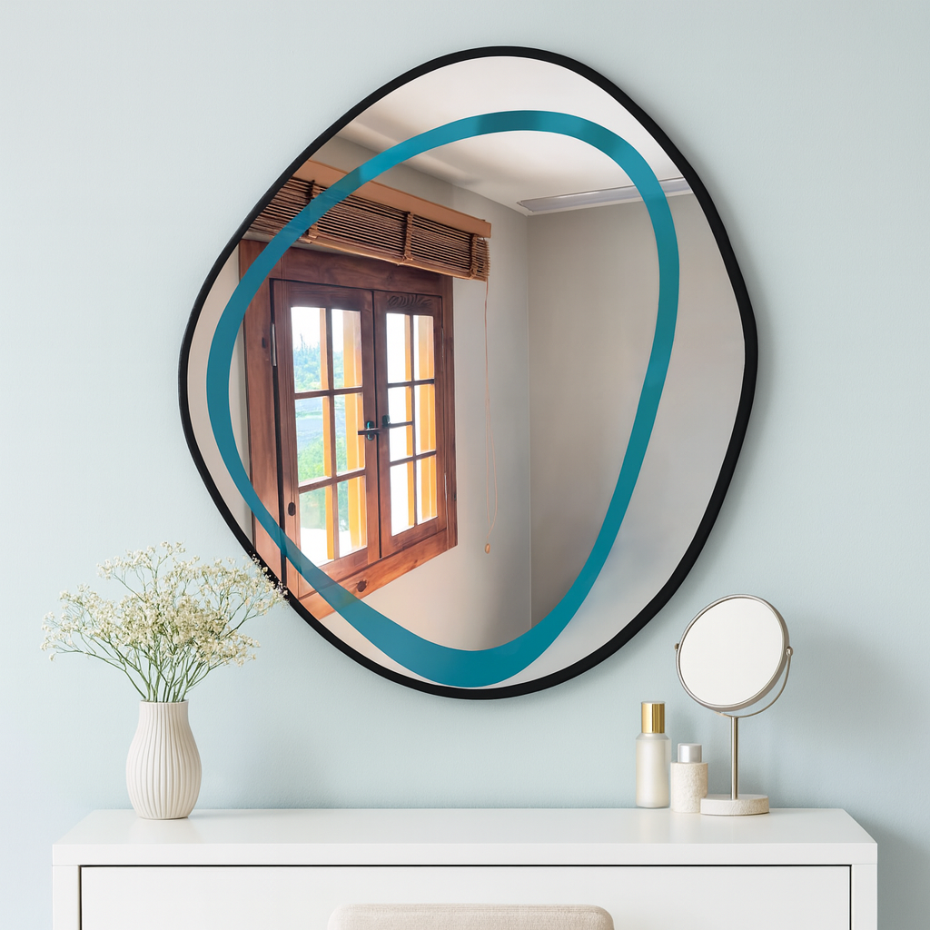 Modern Irregular Wall Mirror – Wavy Round Wooden Frame Mirror |Decorative Bathroom & Living Room Mirror
