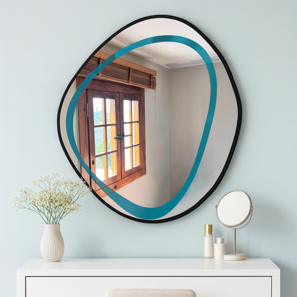 Modern Irregular Wall Mirror – Wavy Round Wooden Frame Mirror |Decorative Bathroom & Living Room Mirror