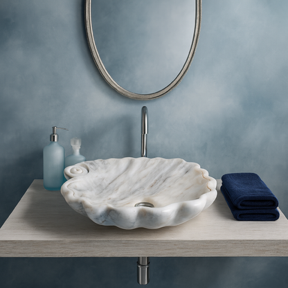 Luxury Marble Vessel Sink – Hand-Carved Shell Design Natural Stone Bathroom Basin
