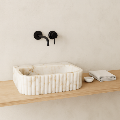 Marble Sink – Calacatta Stone Vessel Sink for Bathroom | Fluted Luxury Rectangular Basin 16"x20"x5.5"