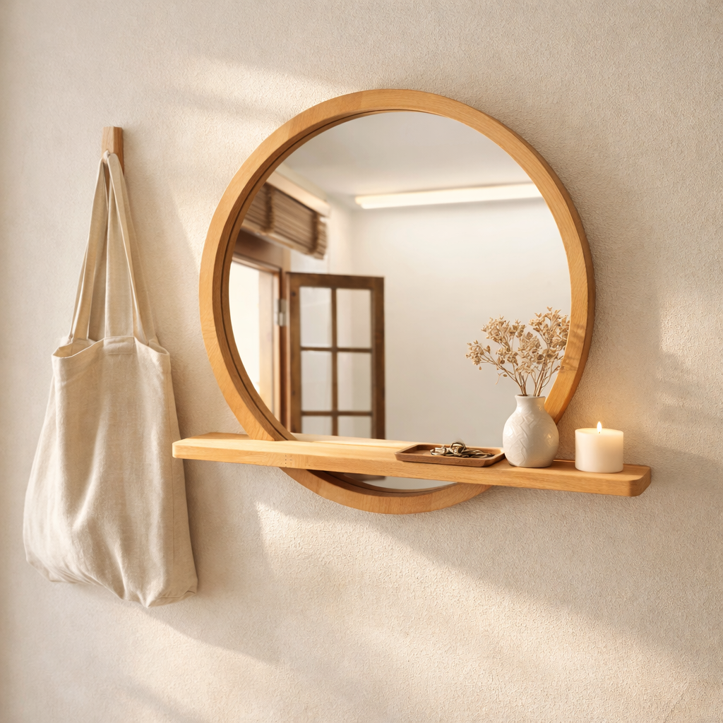 Solid Beech Wood Round Mirror with Shelf – Scandinavian Entryway Bathroom Mirror