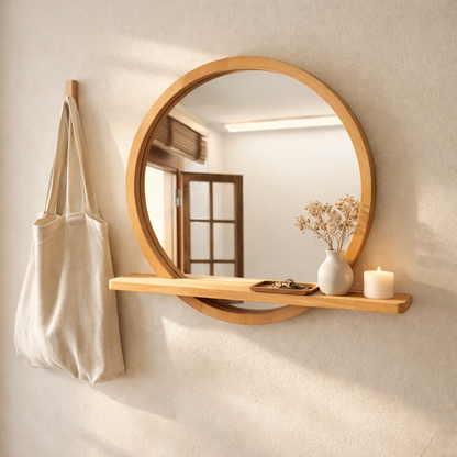 Solid Beech Wood Round Mirror with Shelf – Scandinavian Entryway Bathroom Mirror
