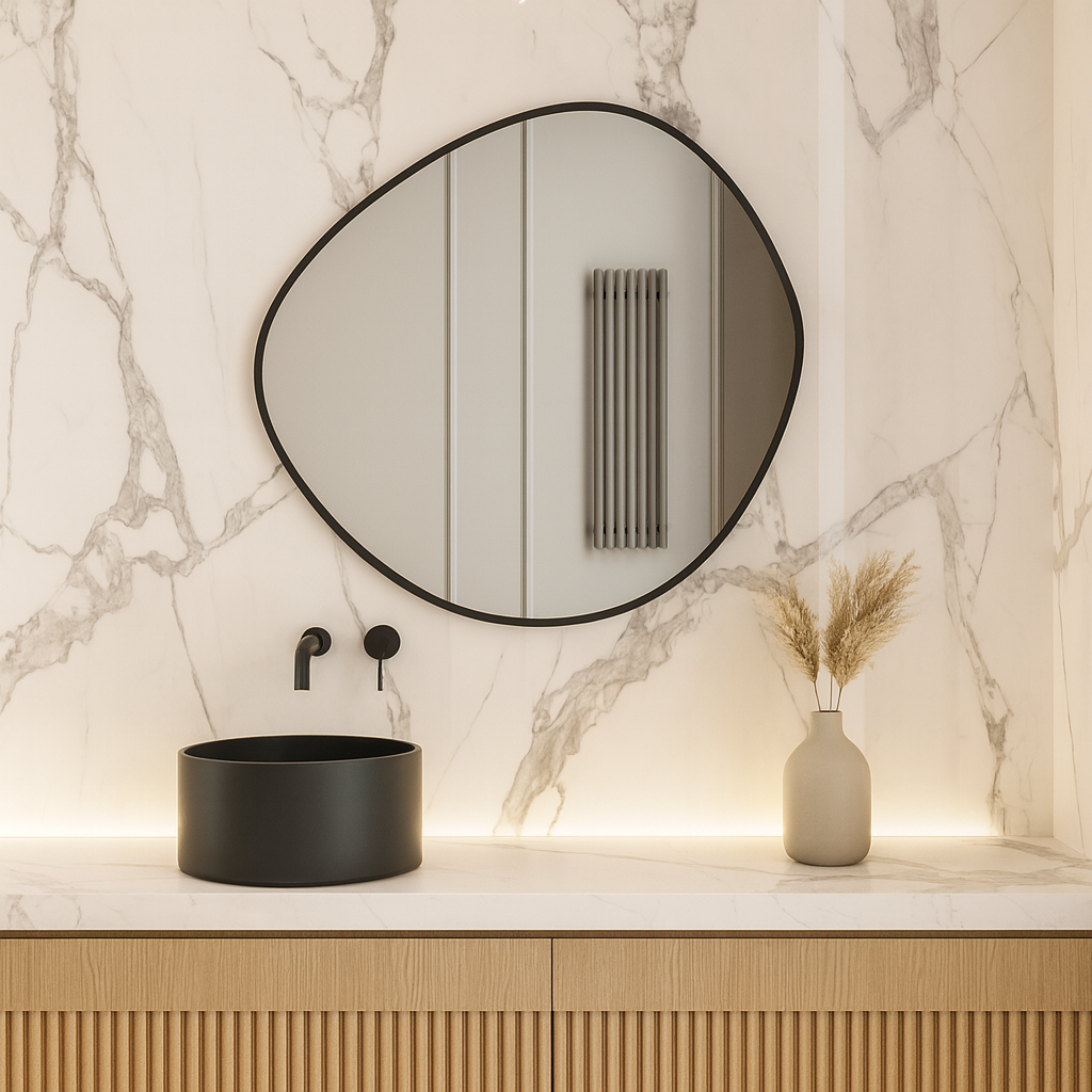 Irregular Round Bathroom Mirror – Modern Organic Wall Mirror with Black Frame