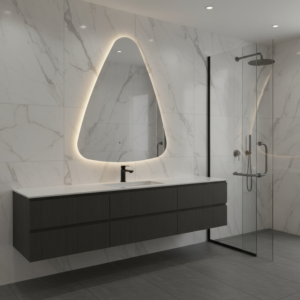 LED Bathroom Mirror Modern Backlit Design – Asymmetrical Organic Wall Mirror with Warm & Cool Light