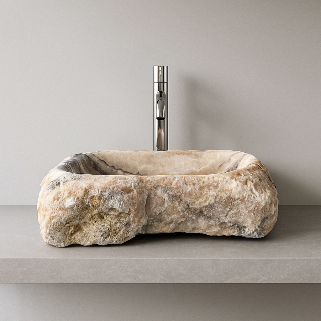Luxury Stone Vessel Sink – Natural Marble Bathroom Basin with Raw Edge, Handcrafted Rustic Vanity Bowl 21.6"x15.7"x5.5" (55x40x14 cm)