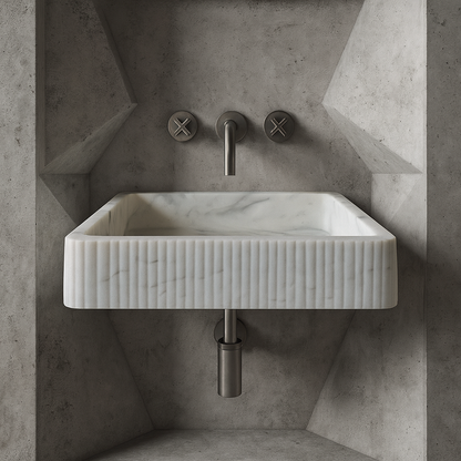 Marble Sink – Carrara White Wall-Mount Bathroom Sink Ribbed Textured | Luxury Natural Stone Vanity Basin 16"x24"x6"