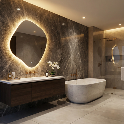 LED Bathroom Mirror – Modern Organic Shaped Lighted Vanity Mirror with Touch Sensor, Handmade Backlit Wall Mirror