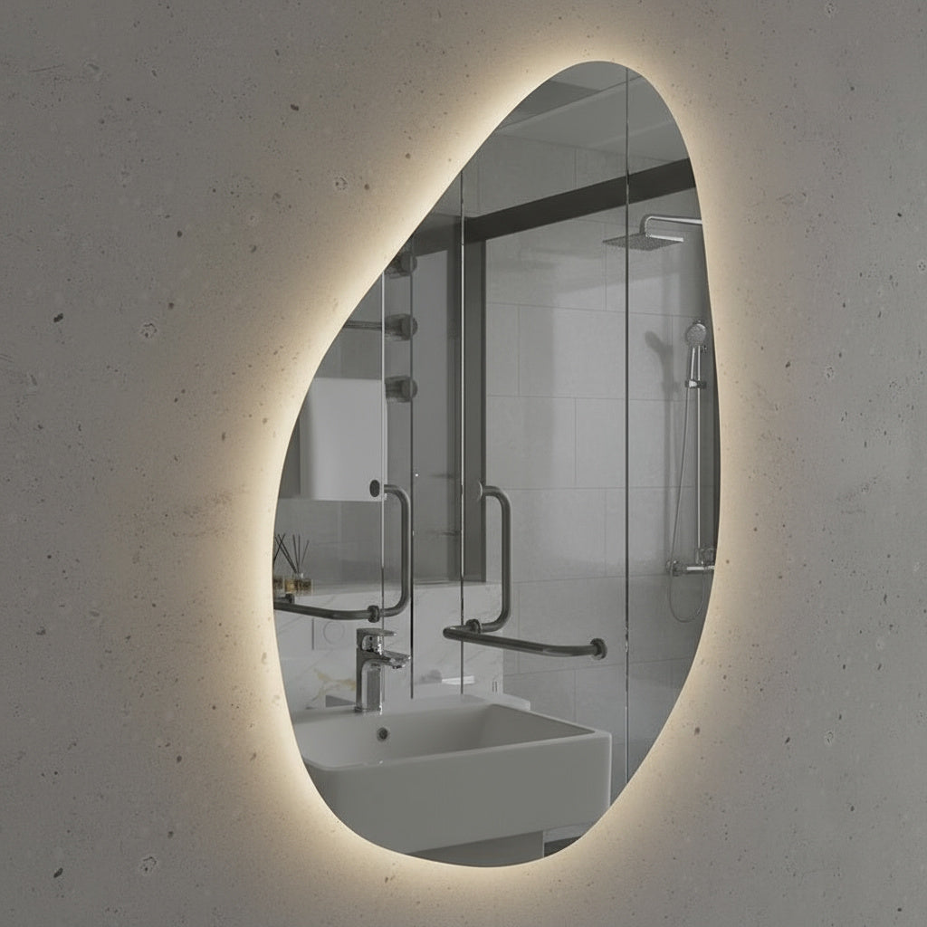 LED Bathroom Mirror Modern Backlit Design – Organic Asymmetrical Wall Mirror with Warm & Cool Light