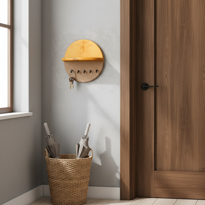 Modern Wall Key Holder with Shelf – Minimalist Wooden Entryway Organizer with Hooks | Handmade Home Décor