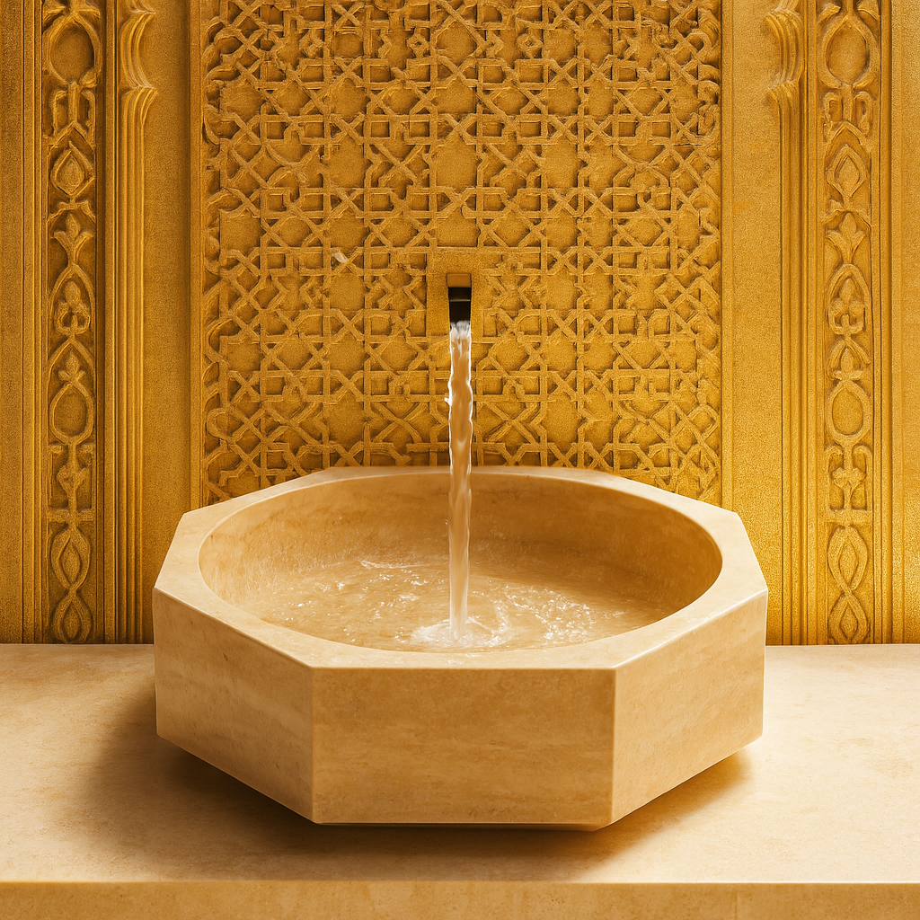 Marble Sink – Light Beige Travertine Octagon Vessel Bathroom Sink Polished | Natural Stone Above-Counter Basin 16"x16"x5"