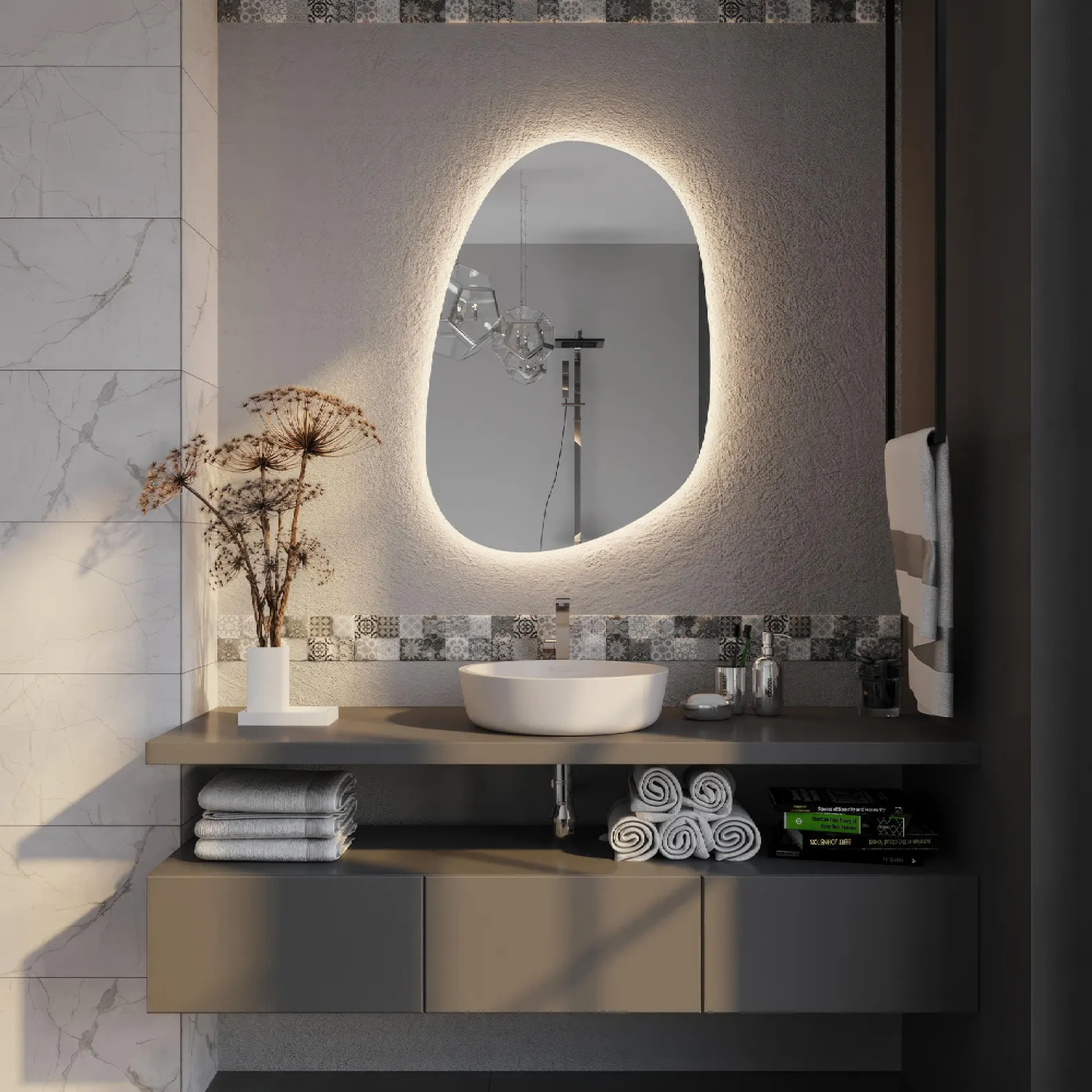 Modern LED Bathroom Mirror – Organic Asymmetrical Backlit Wall Mirror with Warm & Cool Light
