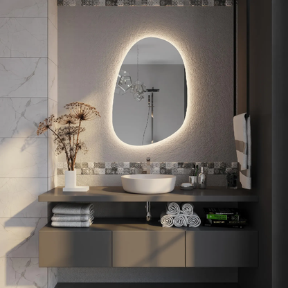 Modern LED Bathroom Mirror – Organic Asymmetrical Backlit Wall Mirror with Warm & Cool Light