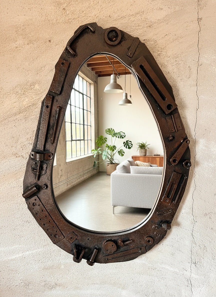 Industrial Wall Mirror – Steampunk MDF Frame Mirror with metal part for Loft & Modern Interiors